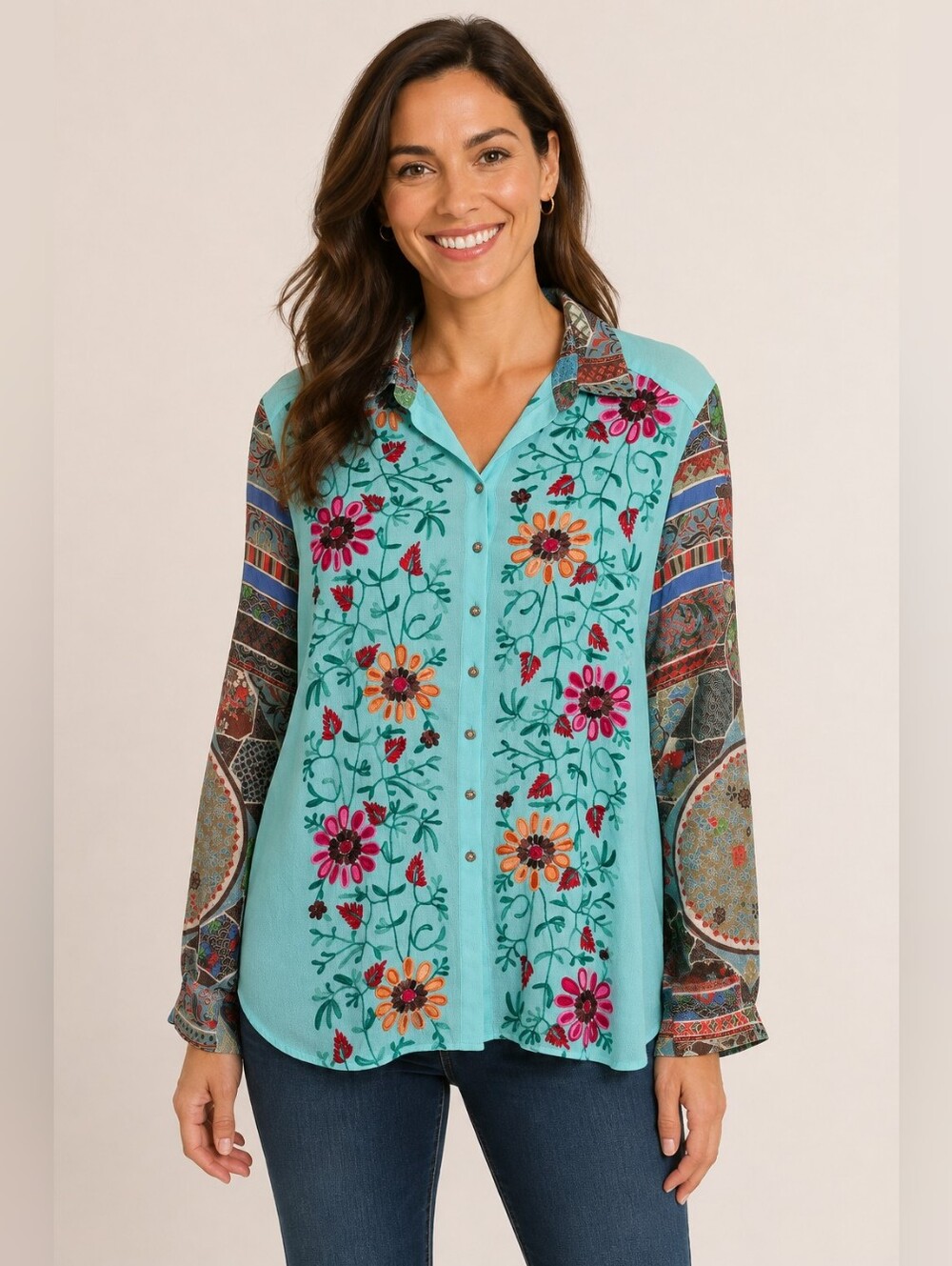 John Mark Embroidered Floral Mixed Print Button Down Top Large